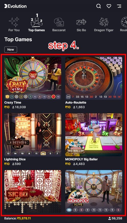 How To Play Online Live Casino Games in Khelo24bet: Step 4.